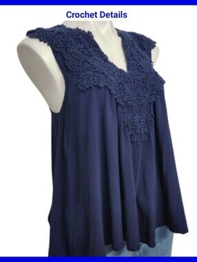 Sleeveless Navy Crochet V-Neck Women's Top Medium Festival By Solitaire Summer